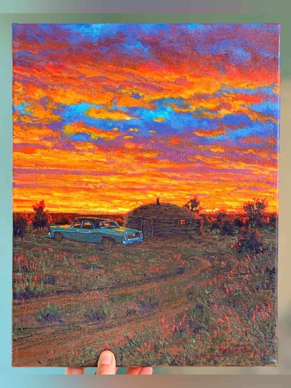 Sunset Prairie Landscape Canvas Art Painting with Classic Car Orange & Blue Sky